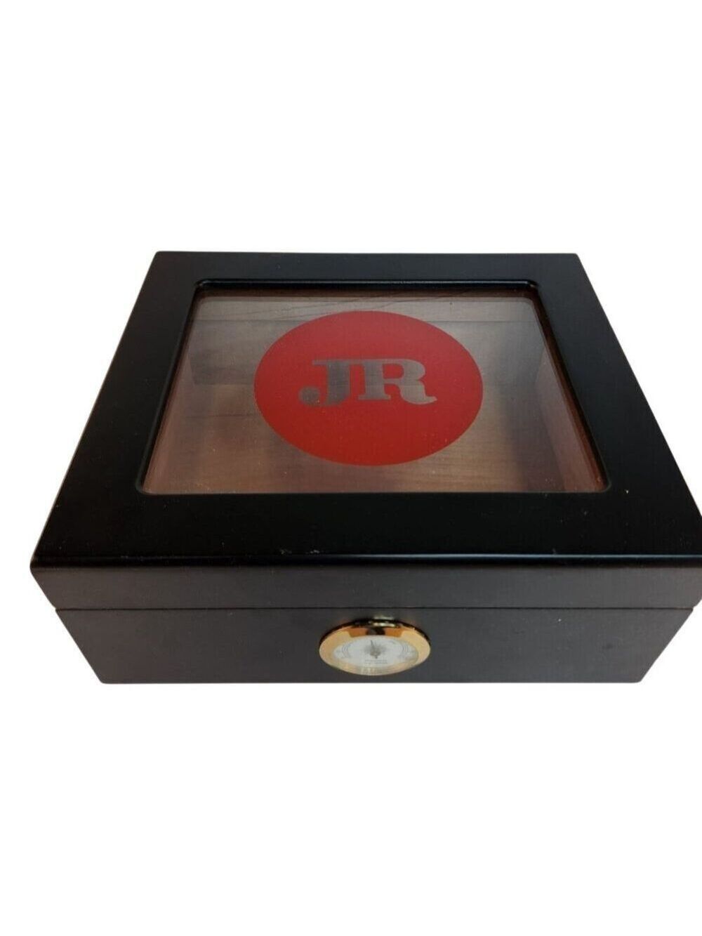 Quality Importers Black Wooden Cigar Humidor Glass Top Analog Hygrometer Large